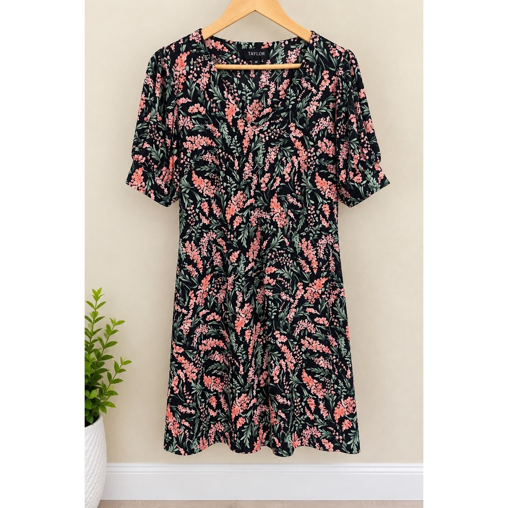 Tommy Hilfiger Womens Navy Floral V-Neck Puff Sleeve Dress Size 10 Preppy
